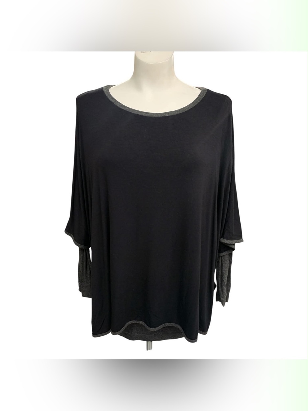 Shannon Passero Relaxed Black Tunic Top with Contrast Gray Trim Size M